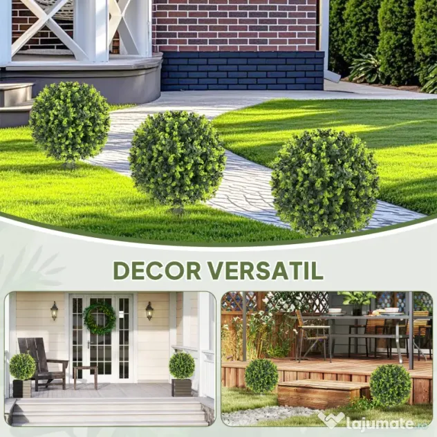 HOMCOM Set 2 Plante Artificiale de Buxus de 40 cm cu Tija Integrată pentru Interior și Exterior, Verde | Aosom Romania