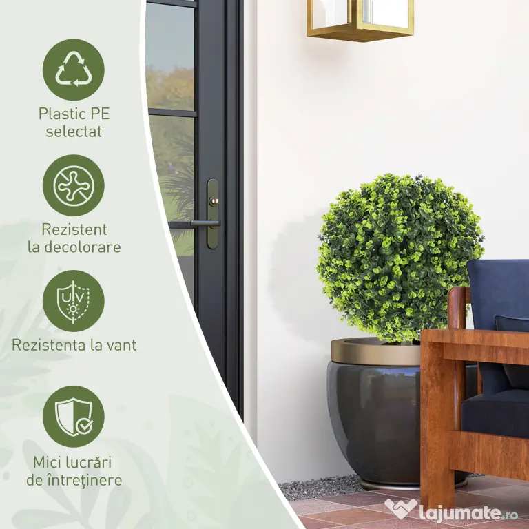 HOMCOM Set 2 Plante Artificiale de Buxus de 40 cm cu Tija Integrată pentru Interior și Exterior, Verde | Aosom Romania