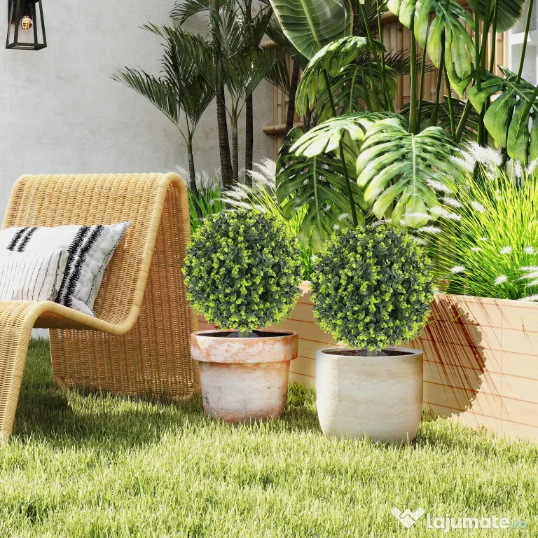 HOMCOM Set 2 Plante Artificiale de Buxus de 40 cm cu Tija Integrată pentru Interior și Exterior, Verde | Aosom Romania