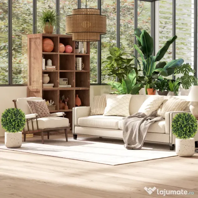 HOMCOM Set 2 Plante Artificiale de Buxus de 40 cm cu Tija Integrată pentru Interior și Exterior, Verde | Aosom Romania
