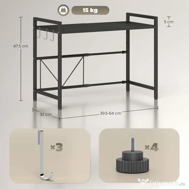 HOMCOM Suport extensibil pentru cuptor cu microunde pe 2 niveluri cu 3 cârlige, din metal, negru | Aosom Romania