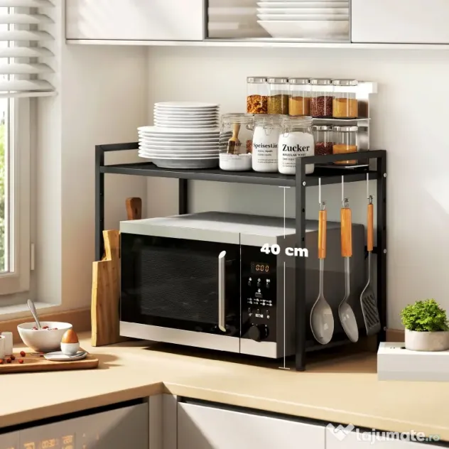 HOMCOM Suport extensibil pentru cuptor cu microunde pe 2 niveluri cu 3 cârlige, din metal, negru | Aosom Romania