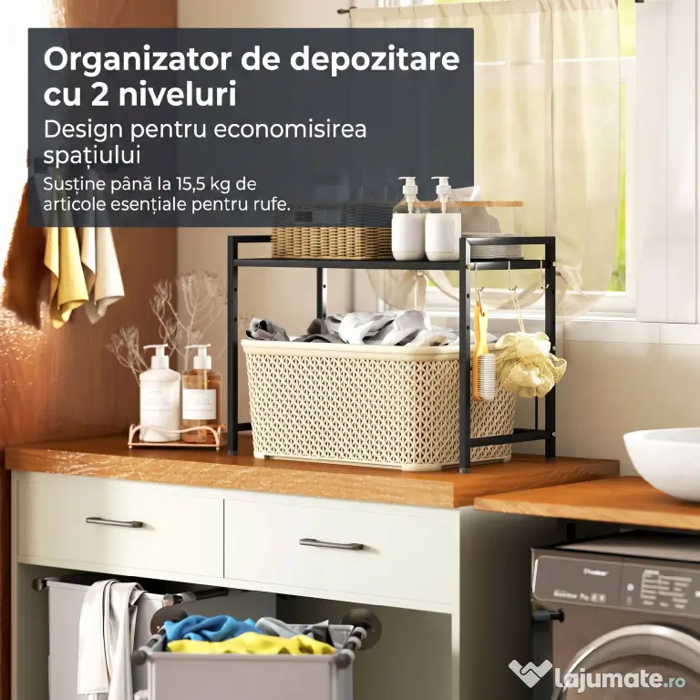 HOMCOM Suport extensibil pentru cuptor cu microunde pe 2 niveluri cu 3 cârlige, din metal, negru | Aosom Romania