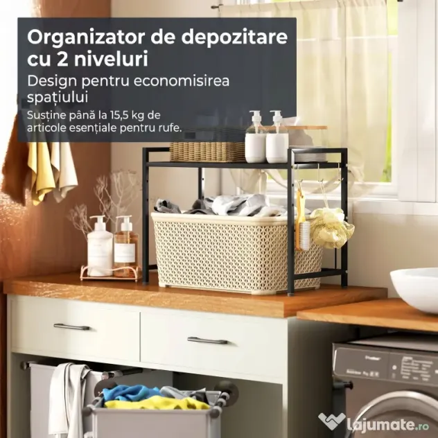 HOMCOM Suport extensibil pentru cuptor cu microunde pe 2 niveluri cu 3 cârlige, din metal, negru | Aosom Romania