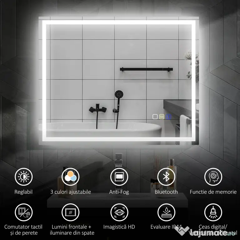 HOMCOM Oglindă Baie Bluetooth LED Antiabur Tactil | Aosom Romania