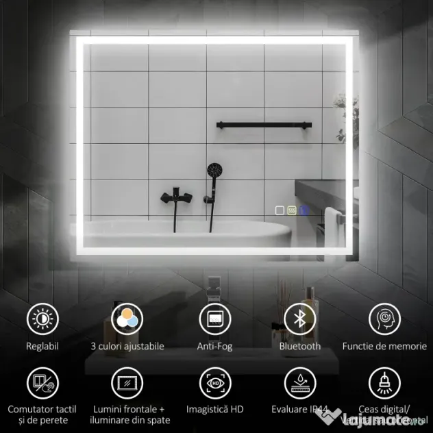 HOMCOM Oglindă Baie Bluetooth LED Antiabur Tactil | Aosom Romania