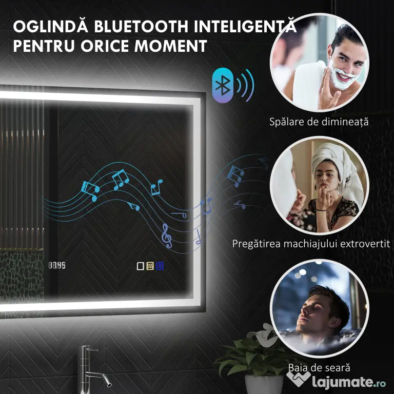 HOMCOM Oglindă Baie Bluetooth LED Antiabur Tactil | Aosom Romania