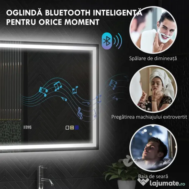 HOMCOM Oglindă Baie Bluetooth LED Antiabur Tactil | Aosom Romania
