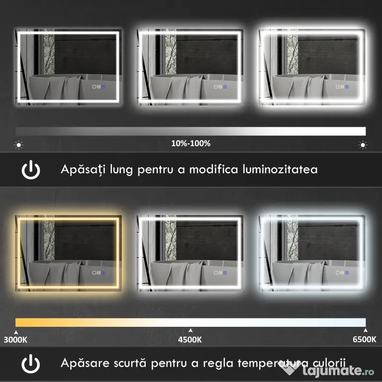 HOMCOM Oglindă Baie Bluetooth LED Antiabur Tactil | Aosom Romania