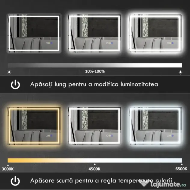 HOMCOM Oglindă Baie Bluetooth LED Antiabur Tactil | Aosom Romania