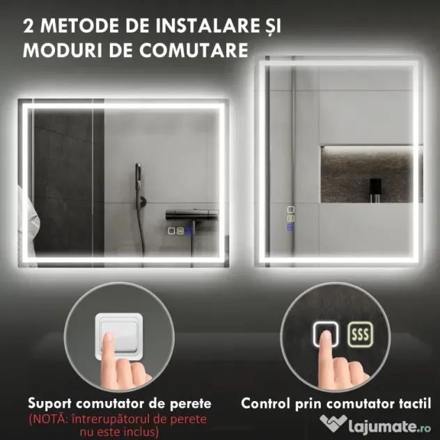 HOMCOM Oglindă Baie Bluetooth LED Antiabur Tactil | Aosom Romania