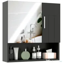 kleankin Dulap cu Oglindă pentru Baie 2 Uși și Raft Deschis 54x15.2x55.3 cm Negru | Aosom Romania