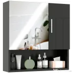kleankin Dulap cu Oglindă pentru Baie 2 Uși și Raft Deschis 54x15.2x55.3 cm Negru
