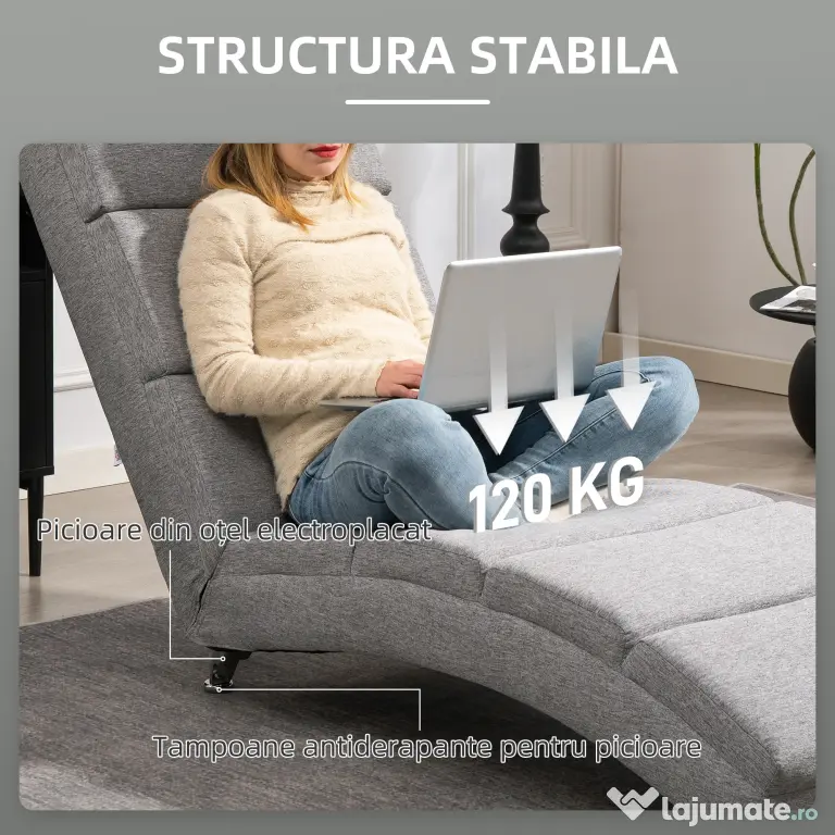 HOMCOM Fotoliu Reclinabil cu Spătar Înalt și Căptușeală Groasă, Gri | Aosom Romania