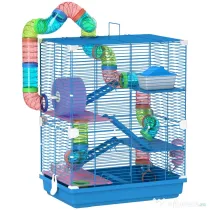 PawHut Cușcă pentru Hamsteri pe 5 Nivele cu Tuburi și Roată din Metal și Plastic Albastru | Aosom Romania