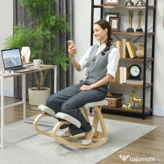 HOMCOM Sedia Inginocchiatoio in Tessuto Effetto Lino e Legno di Betulla Crema | Aosom Romania