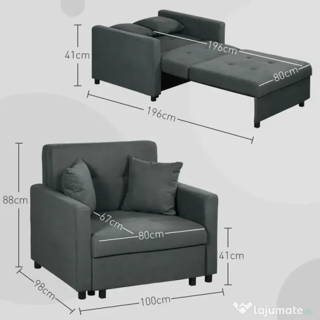 HOMCOM Fotoliu Tip Pat de O Persoană cu 2 Perne și Spațiu de Depozitare, Gri | Aosom Romania