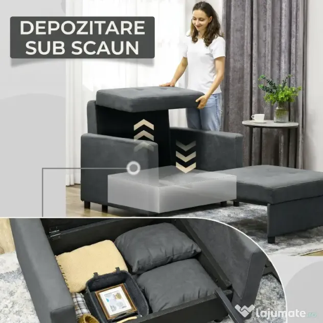 HOMCOM Fotoliu Tip Pat de O Persoană cu 2 Perne și Spațiu de Depozitare, Gri | Aosom Romania