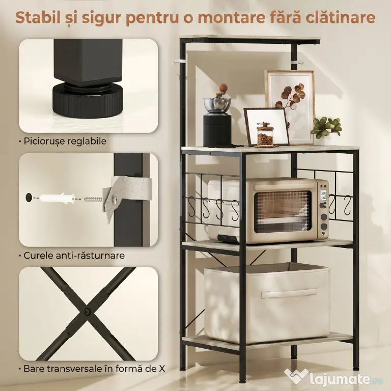 HOMCOM Raft de Bucătărie Stil Industrial cu 4 Nivele și 8 Cârlige Stejar | Aosom Romania