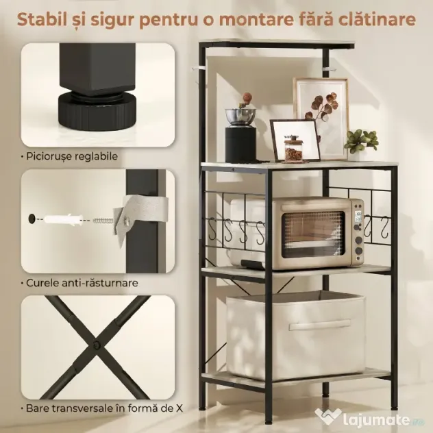 HOMCOM Raft de Bucătărie Stil Industrial cu 4 Nivele și 8 Cârlige Stejar | Aosom Romania