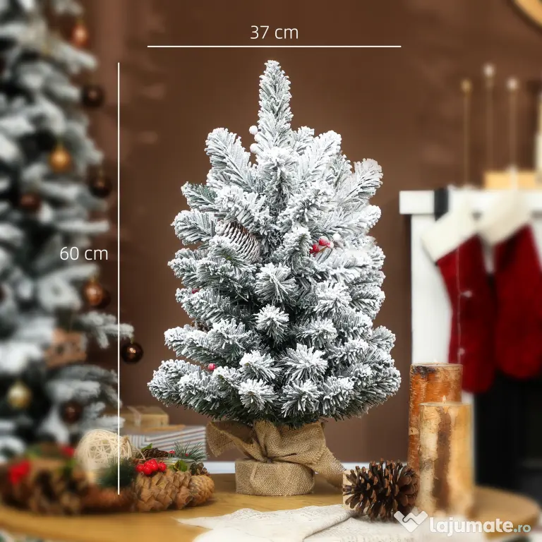 HOMCOM Brad de Crăciun Mic Înalt de 61 cm cu 72 de Ramuri Înzăpezite, Conuri și Boabe Roșii, Verde | Aosom Romania