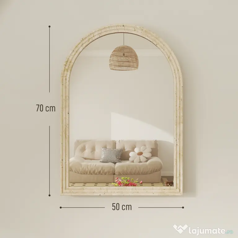 HOMCOM Oglindă de Perete în Arc cu Margine Canelată și Cârlige, Oglindă Modernă din Sticlă și Polistiren, 50x2x70 cm, Bej | Aosom Romania