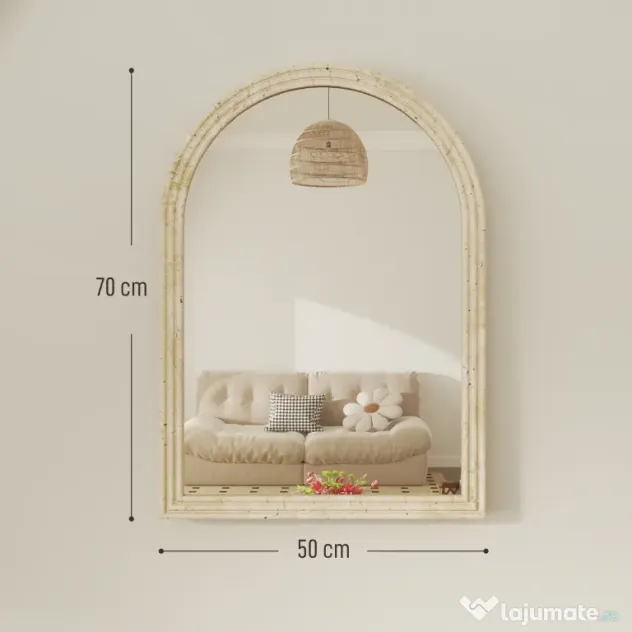 HOMCOM Oglindă de Perete în Arc cu Margine Canelată și Cârlige, Oglindă Modernă din Sticlă și Polistiren, 50x2x70 cm, Bej | Aosom Romania