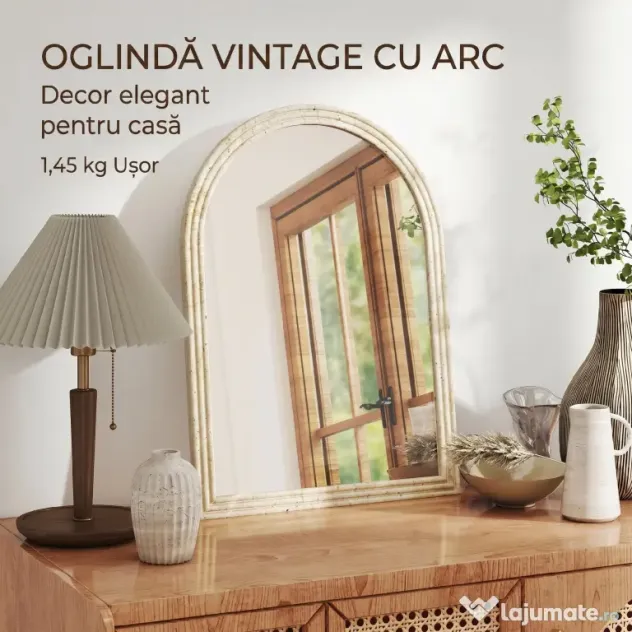 HOMCOM Oglindă de Perete în Arc cu Margine Canelată și Cârlige, Oglindă Modernă din Sticlă și Polistiren, 50x2x70 cm, Bej | Aosom Romania