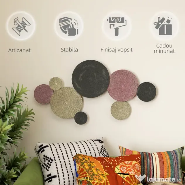 HOMCOM Artă Murală cu 8 Discuri 3D și Accesorii de Montare Incluse, Decorații Metalice de Perete, 110x7x58 cm, Bronz, Portocaliu și Galben | Aosom Romania