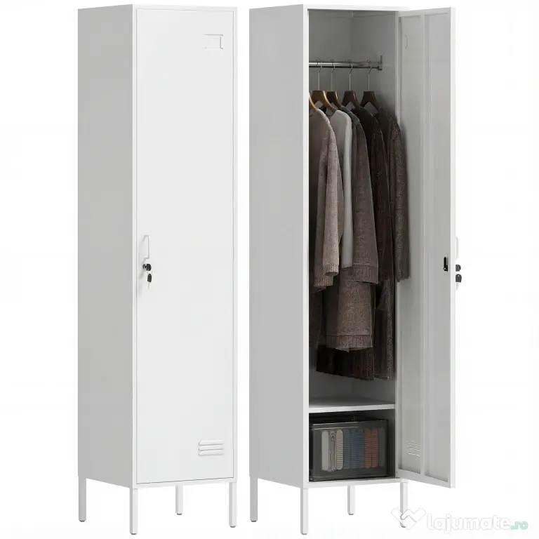 HOMCOM Dulap Metalic Slim cu Ușă Blocabilă și Suport pentru Etichete, Dulap Multi-Funcțional cu Bară pentru Haine, Rafturi, pentru Casă sau Birou, 40x40x179 cm, Alb | Aosom Romania
