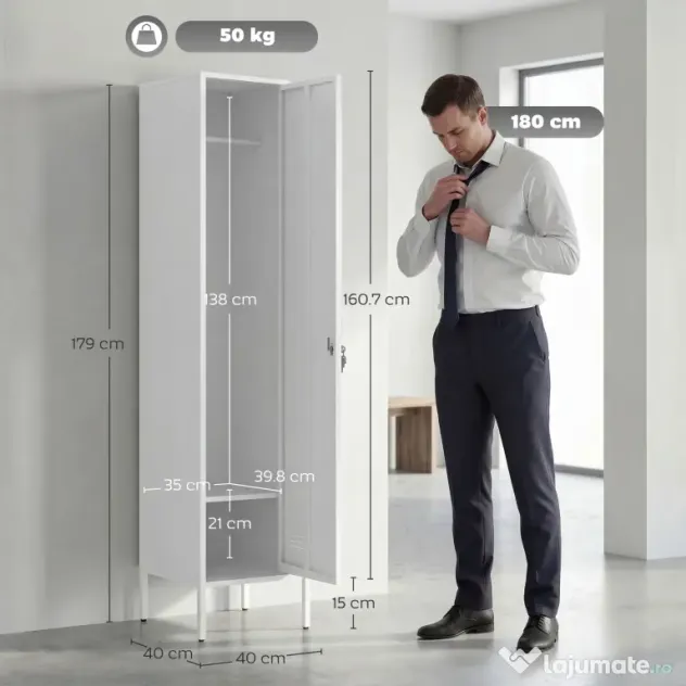 HOMCOM Dulap Metalic Slim cu Ușă Blocabilă și Suport pentru Etichete, Dulap Multi-Funcțional cu Bară pentru Haine, Rafturi, pentru Casă sau Birou, 40x40x179 cm, Alb | Aosom Romania