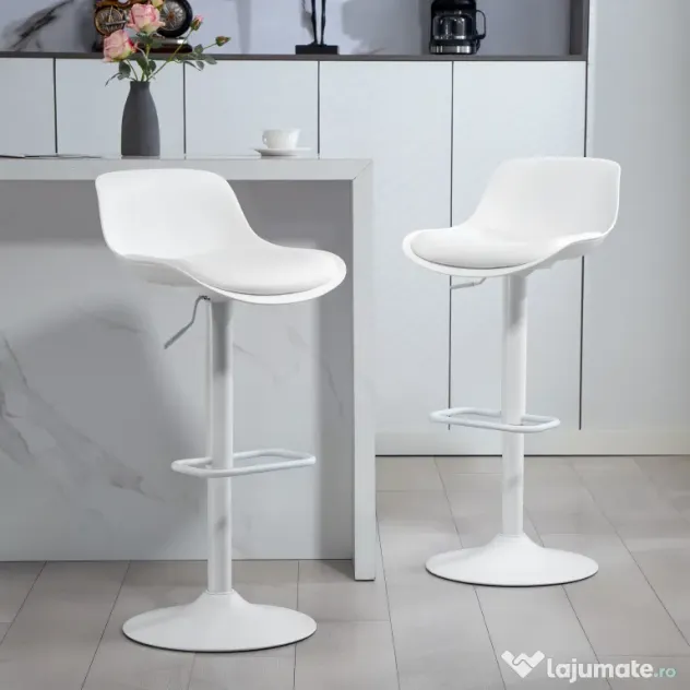HOMCOM Set de 2 Scaune de Bar Rotative cu Spătar și Înălțime Reglabilă Alb | Aosom Romania