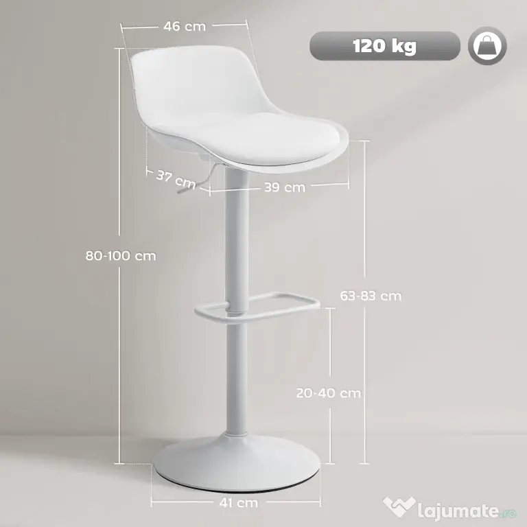 HOMCOM Set de 2 Scaune de Bar Rotative cu Spătar și Înălțime Reglabilă Alb | Aosom Romania