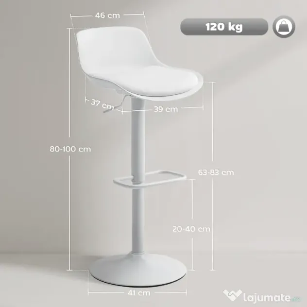 HOMCOM Set de 2 Scaune de Bar Rotative cu Spătar și Înălțime Reglabilă Alb | Aosom Romania