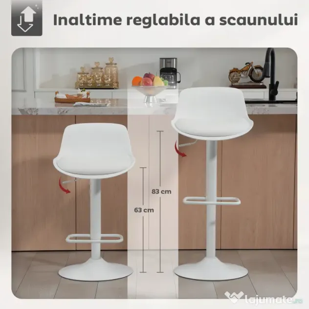 HOMCOM Set de 2 Scaune de Bar Rotative cu Spătar și Înălțime Reglabilă Alb | Aosom Romania