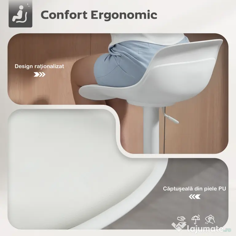 HOMCOM Set de 2 Scaune de Bar Rotative cu Spătar și Înălțime Reglabilă Alb | Aosom Romania