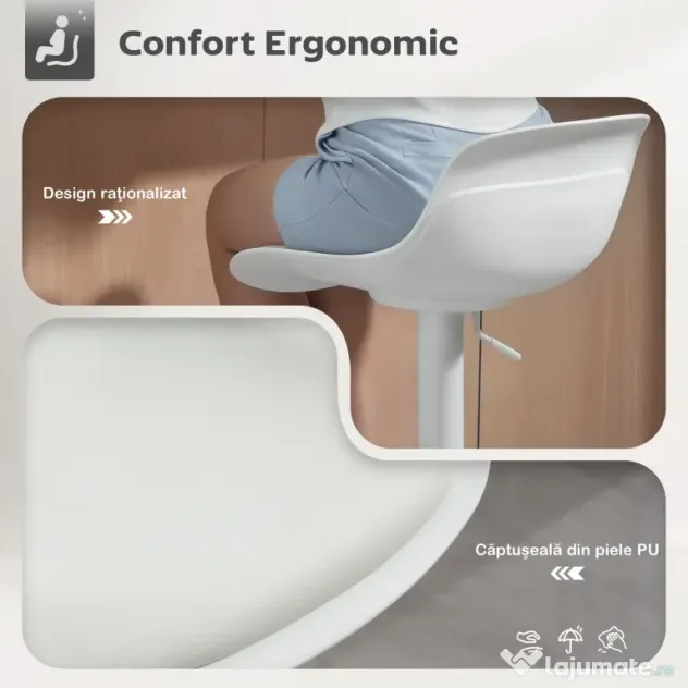 HOMCOM Set de 2 Scaune de Bar Rotative cu Spătar și Înălțime Reglabilă Alb | Aosom Romania