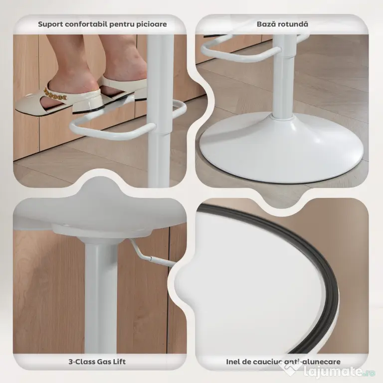 HOMCOM Set de 2 Scaune de Bar Rotative cu Spătar și Înălțime Reglabilă Alb | Aosom Romania