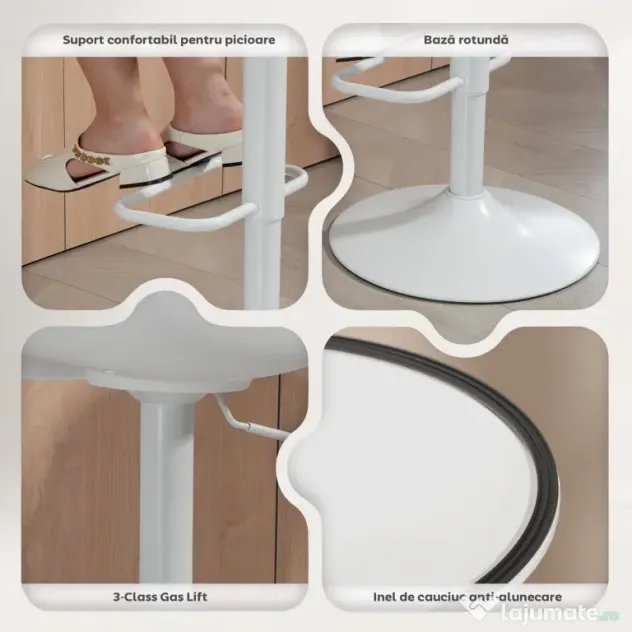 HOMCOM Set de 2 Scaune de Bar Rotative cu Spătar și Înălțime Reglabilă Alb | Aosom Romania