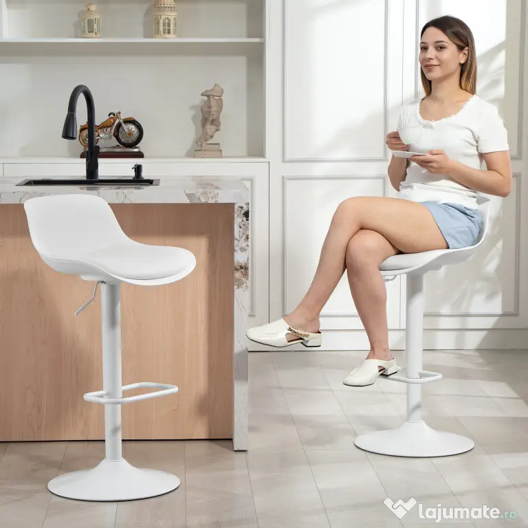 HOMCOM Set de 2 Scaune de Bar Rotative cu Spătar și Înălțime Reglabilă Alb | Aosom Romania