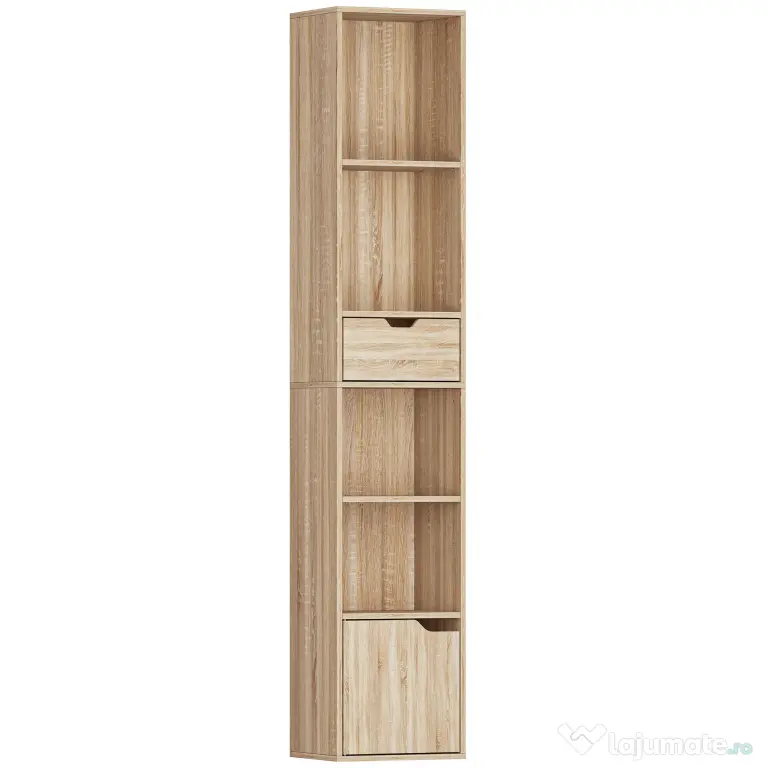 HOMCOM Raft Bibliotecă cu 4 Nivele Deschise, cu Dulap și Sertar, 30x24x158 cm, Lemn Natural | Aosom Romania