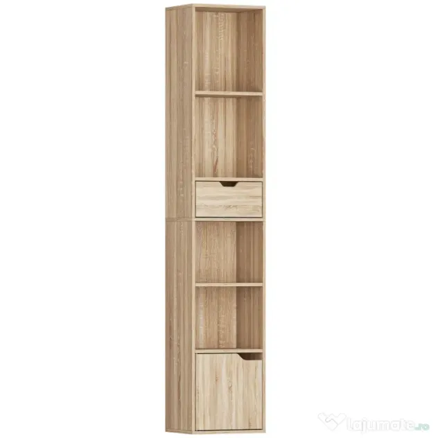 HOMCOM Raft Bibliotecă cu 4 Nivele Deschise, cu Dulap și Sertar, 30x24x158 cm, Lemn Natural | Aosom Romania