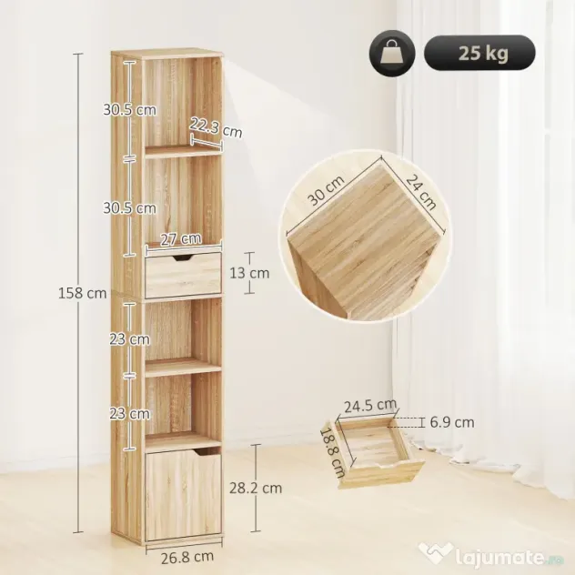 HOMCOM Raft Bibliotecă cu 4 Nivele Deschise, cu Dulap și Sertar, 30x24x158 cm, Lemn Natural | Aosom Romania