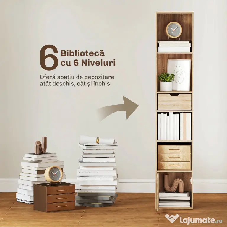 HOMCOM Raft Bibliotecă cu 4 Nivele Deschise, cu Dulap și Sertar, 30x24x158 cm, Lemn Natural | Aosom Romania
