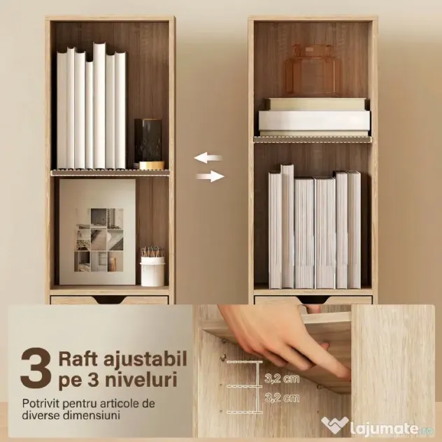 HOMCOM Raft Bibliotecă cu 4 Nivele Deschise, cu Dulap și Sertar, 30x24x158 cm, Lemn Natural | Aosom Romania