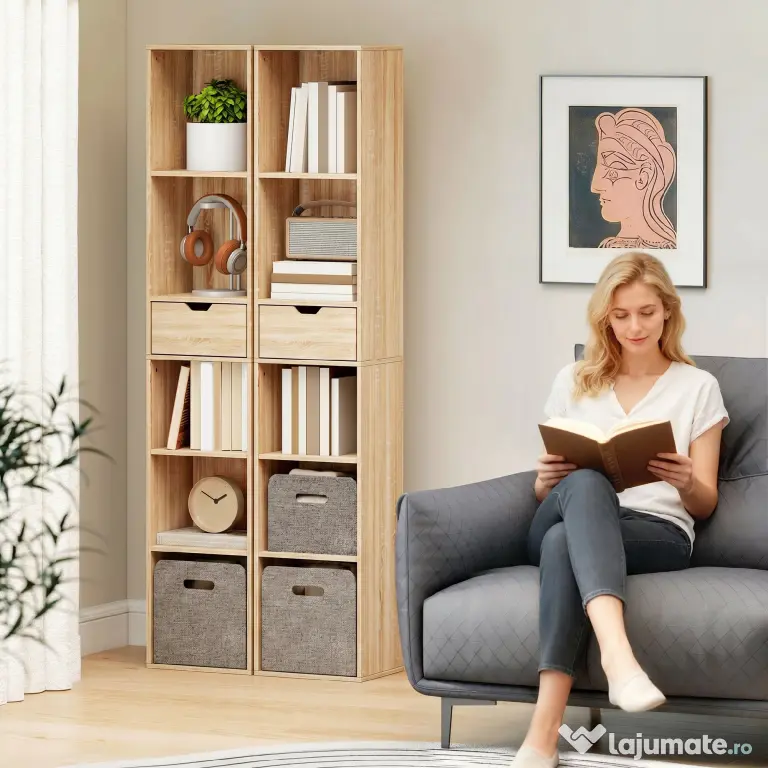 HOMCOM Raft Bibliotecă cu 4 Nivele Deschise, cu Dulap și Sertar, 30x24x158 cm, Lemn Natural | Aosom Romania