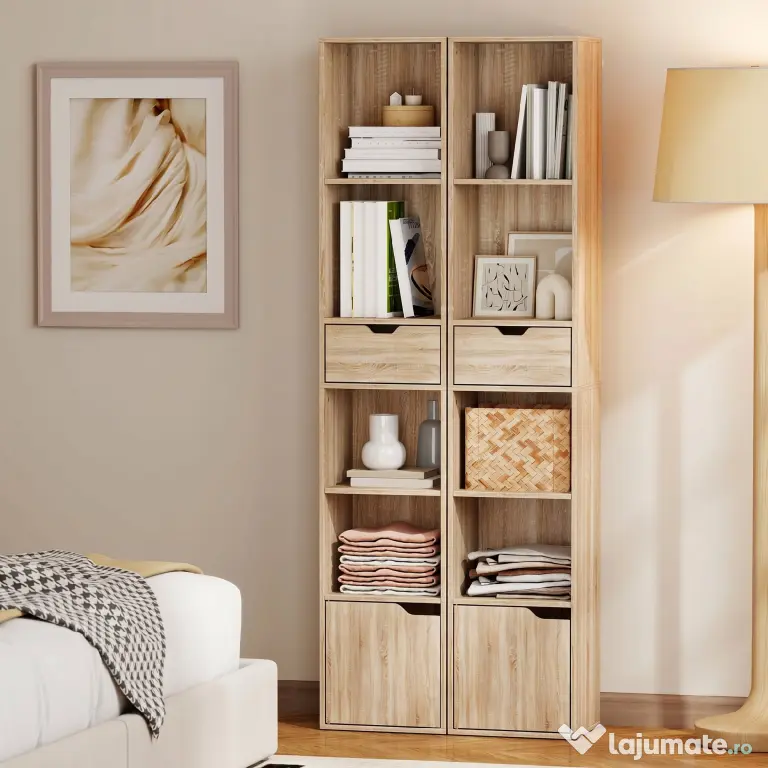 HOMCOM Raft Bibliotecă cu 4 Nivele Deschise, cu Dulap și Sertar, 30x24x158 cm, Lemn Natural | Aosom Romania