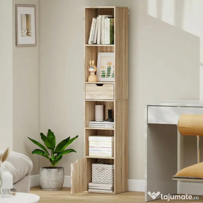 HOMCOM Raft Bibliotecă cu 4 Nivele Deschise, cu Dulap și Sertar, 30x24x158 cm, Lemn Natural | Aosom Romania