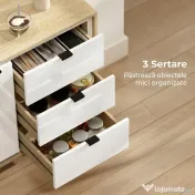 HOMCOM Credență de bucătărie cu 3 sertare și dulap Alb lucios și stejar | Aosom Romania 