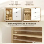 HOMCOM Credență de bucătărie cu 3 sertare și dulap Alb lucios și stejar | Aosom Romania 